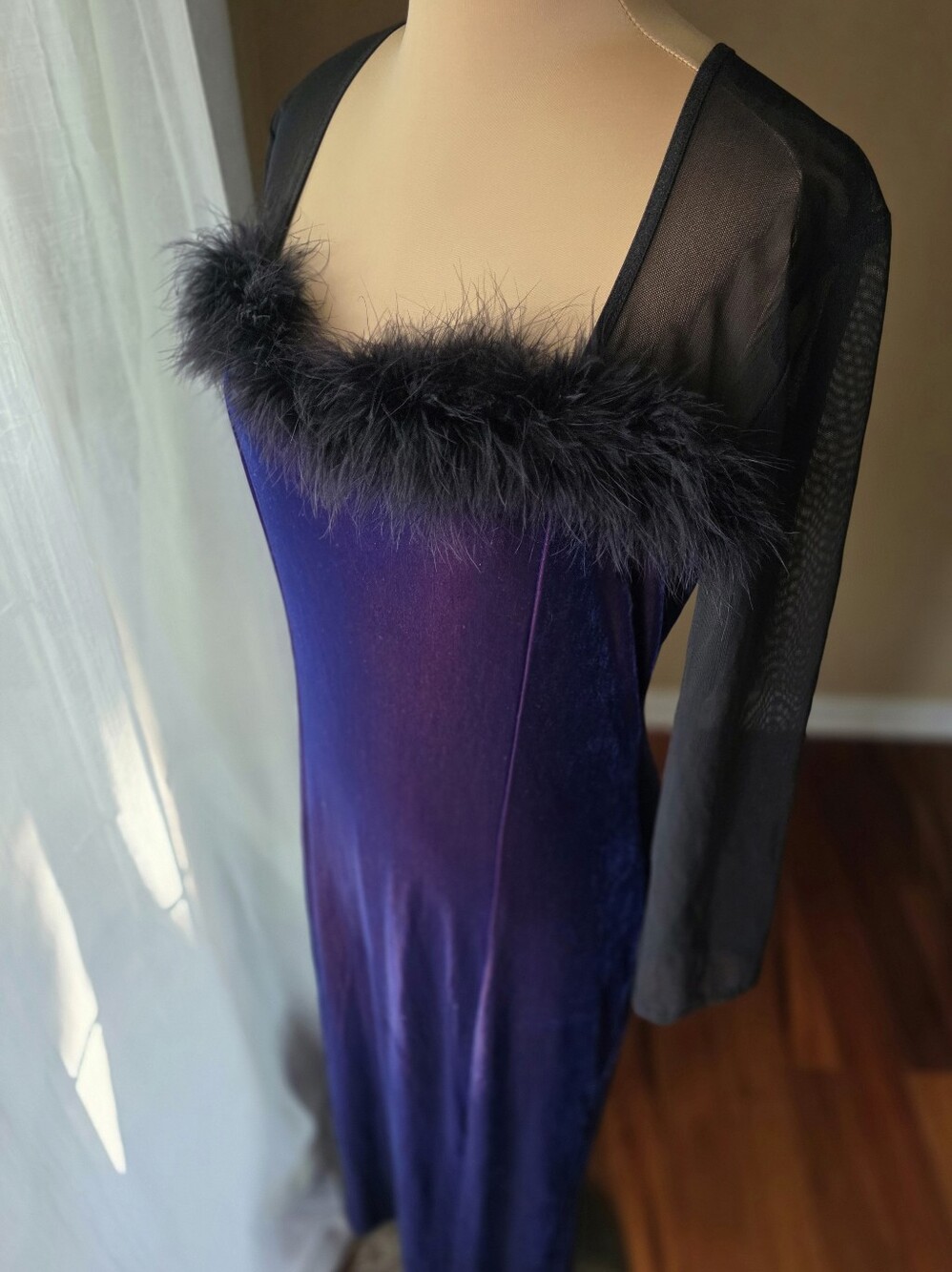Vintage 90s Blue Velvet Purple Maxi Dress Black Mesh Feather Trim Goth KittyUSA